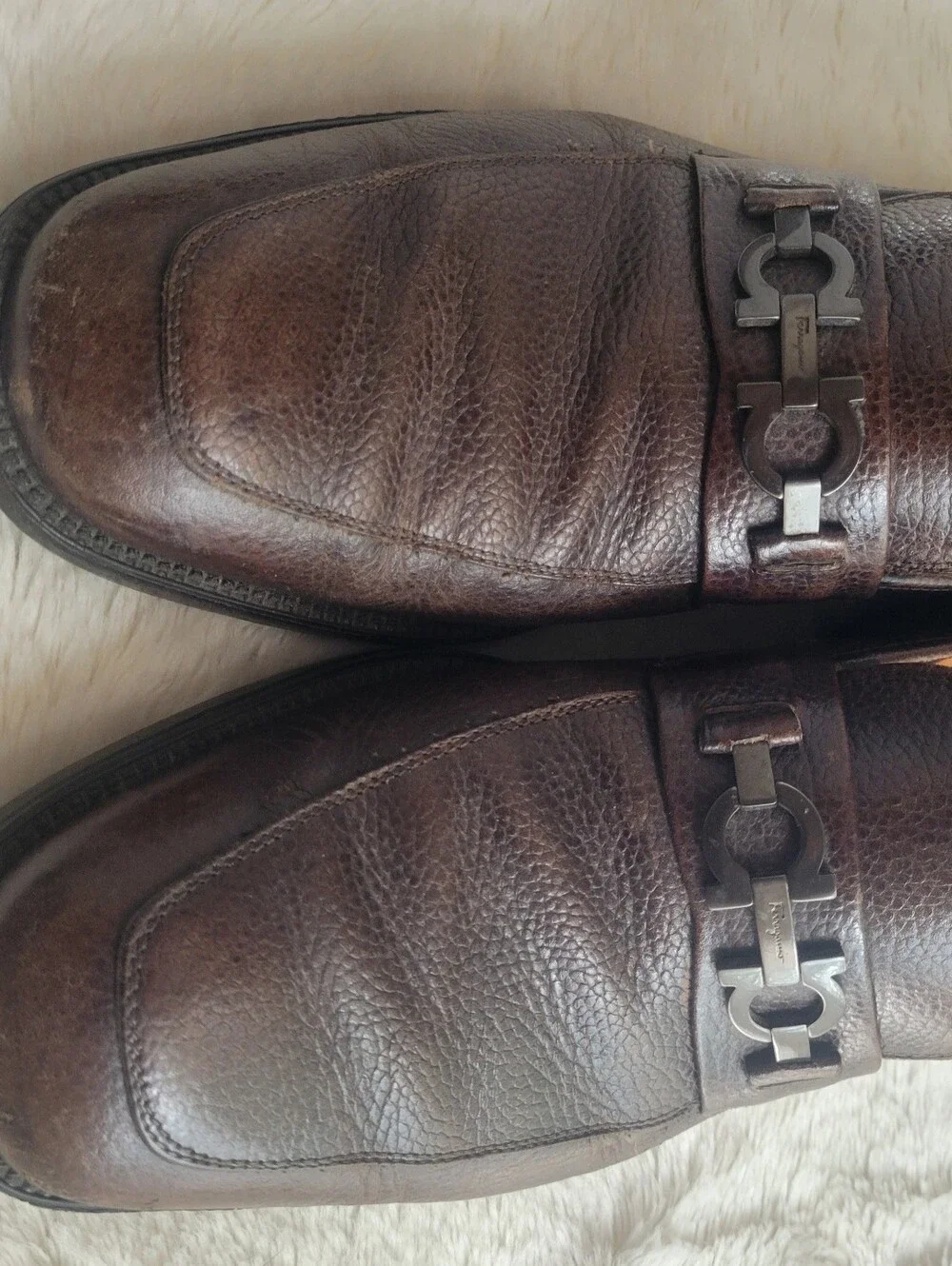 Salvatore Ferragamo Brown Pebbled Leather Bit Loafers